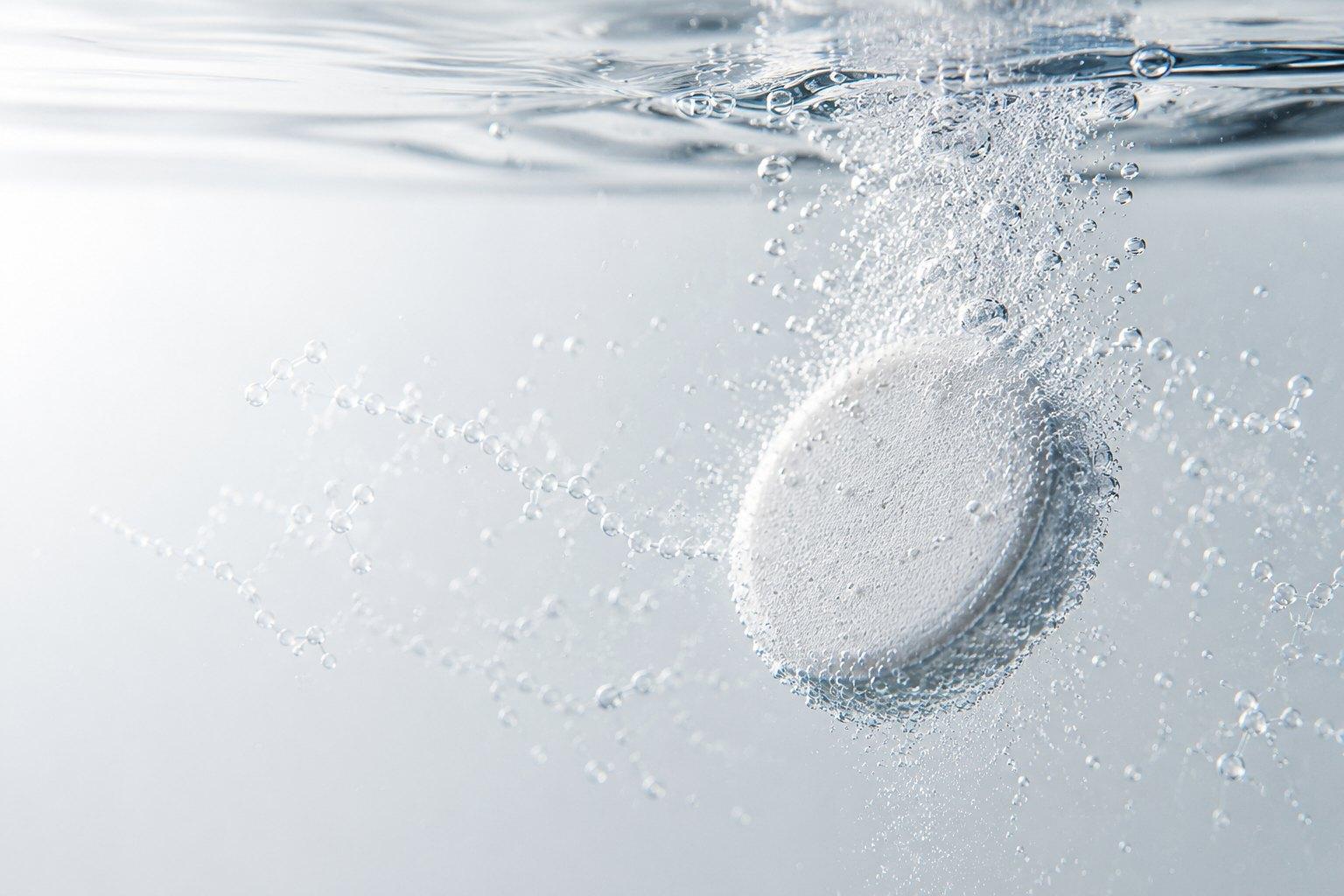 Product visual: an effervescent tablet dissolving beneath the water surface, releasing a column of fine bubbles